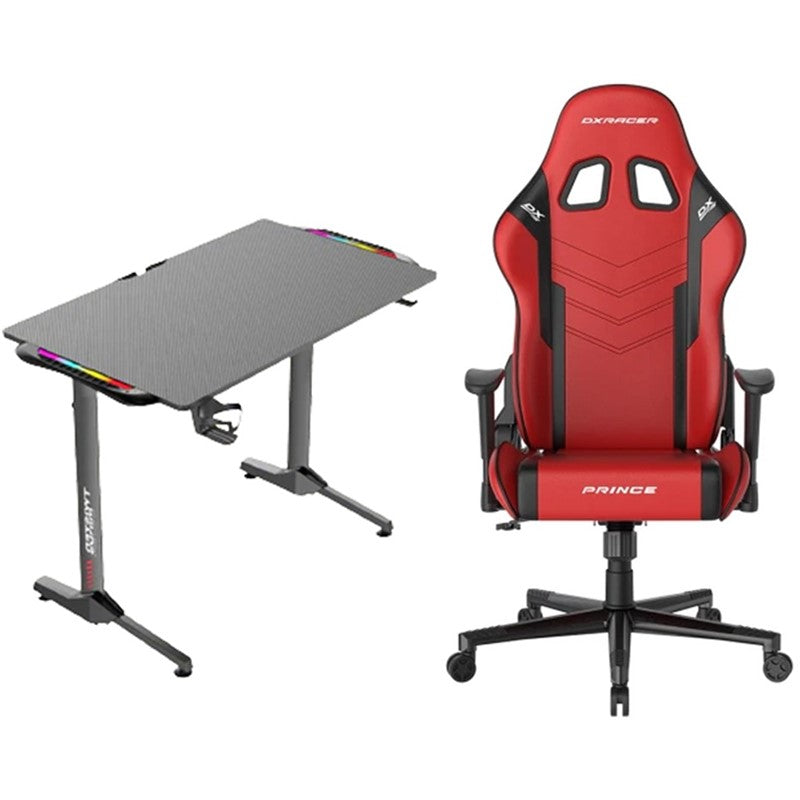 DXRaxer Prince-L PVC Leather Gaming Chair - Red/Black + Twisted Minds T-Shaped RGB Gaming Desk DXRaxer Prince-L PVC Leather Gaming Chair - Red/Black + Twisted Minds T-Shaped RGB Gaming Desk